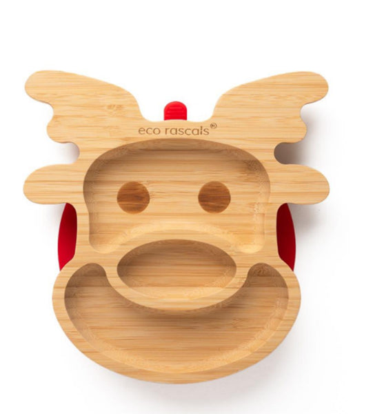 Prato de bambu Eco Rascals em forma de rena, com divisórias e base de sucção vermelha.
