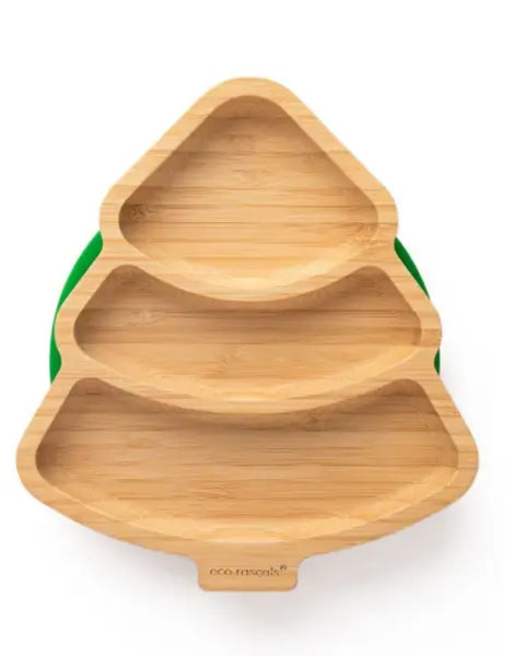 Prato de bambu Eco Rascals em forma de árvore de Natal, com divisórias e base de sucção verde.