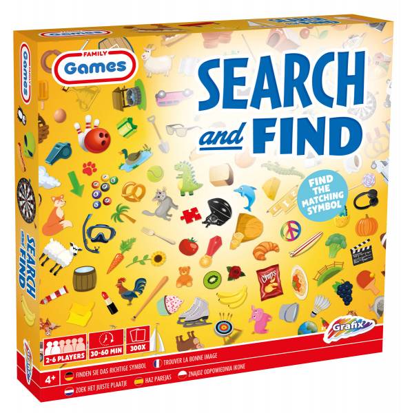 Caixa do jogo de tabuleiro Buki Jogo Procura e Encontra, com o título 'Search and Find' e ilustrações de inúmeros objetos coloridos a serem encontrados.