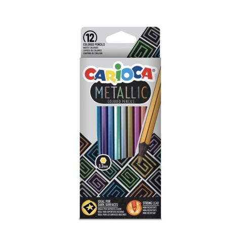 Embalagem frontal dos lápis de cores metálicas Carioca, mostrando 12 lápis com mina de 3.3mm, ideais para superfícies escuras e com mina resistente.
