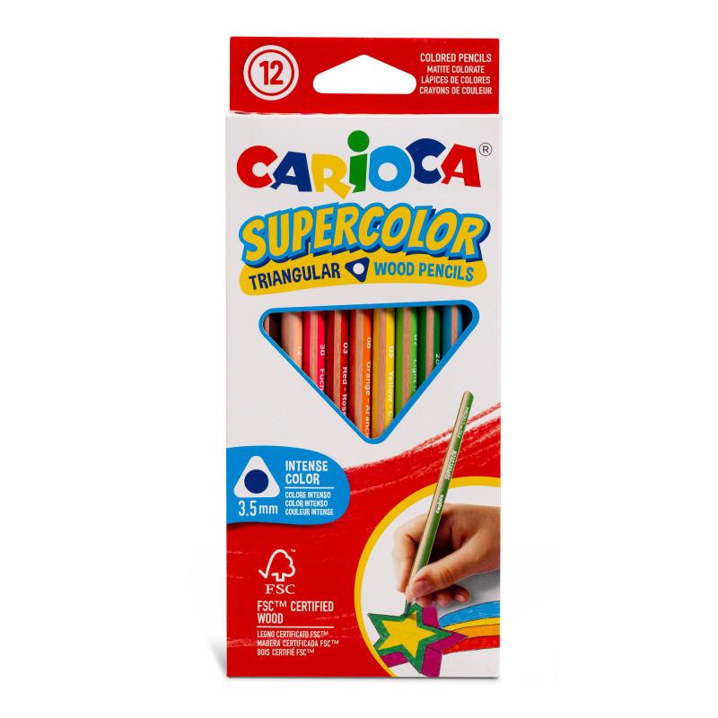 Caixa de 12 lápis de cor triangulares Carioca Supercolor de 3.5mm, mostrando o design da embalagem com informações sobre cores intensas, formato triangular e certificação FSC.