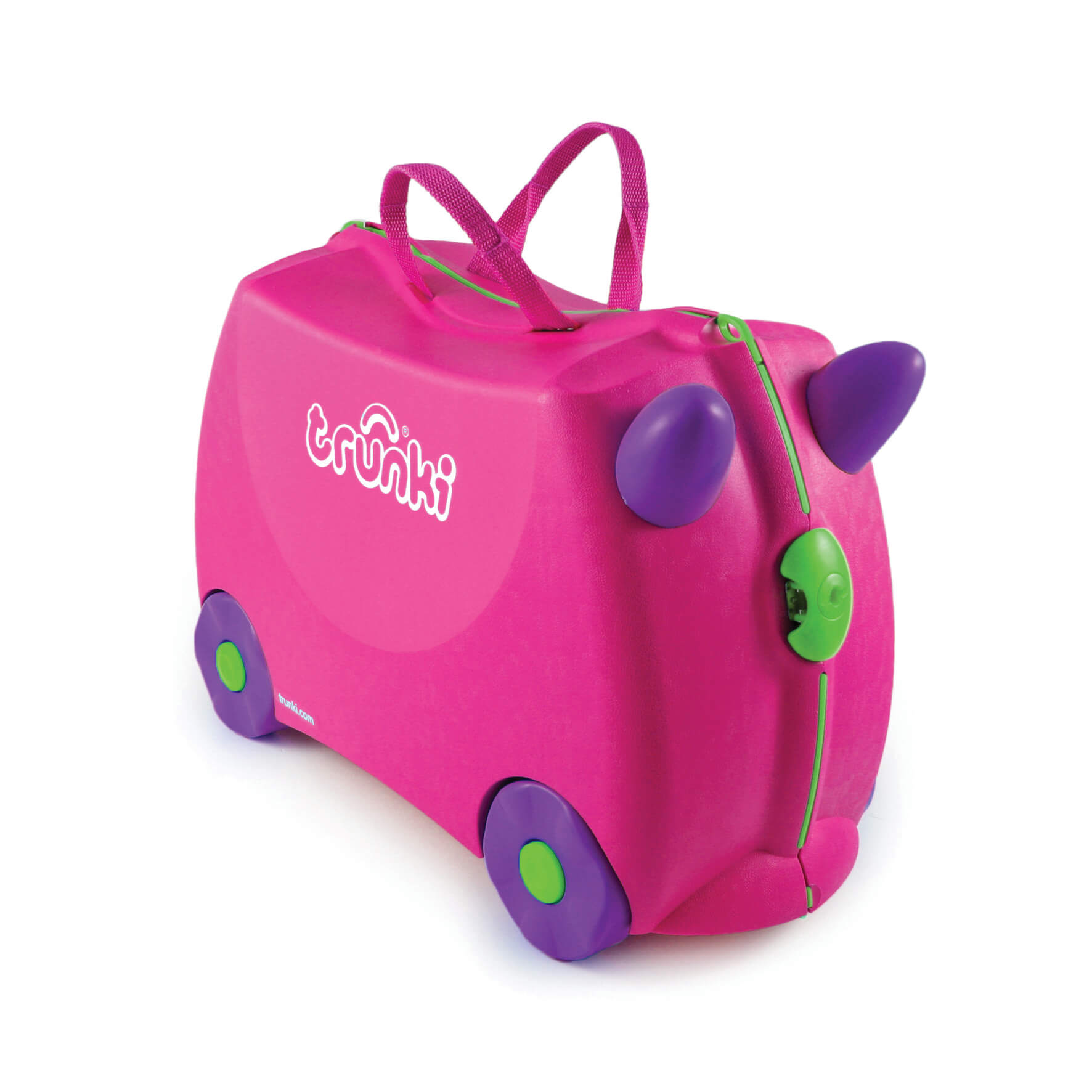 Vista de perfil da Trunki Mala de avião infantil TRIXIE rosa, mostrando o seu design com rodas roxas e pegas em forma de chifres.