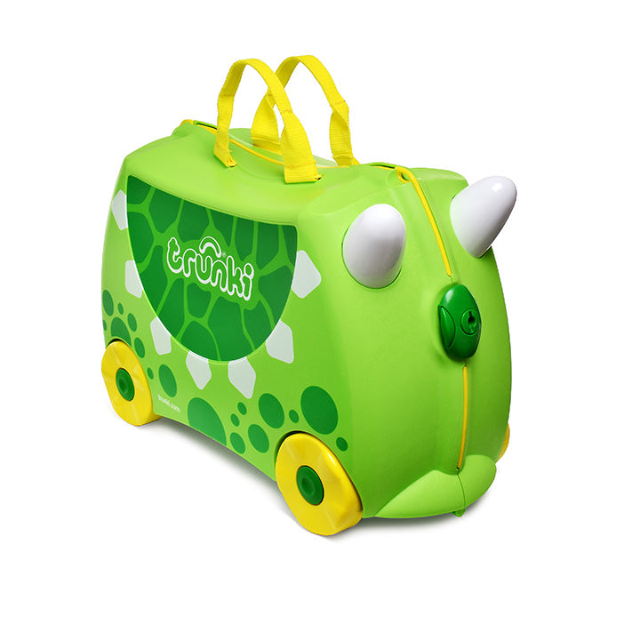 Trunki Mala de avião infantil DUDLEY Dinossauro, verde com detalhes amarelos e brancos, vista lateral.