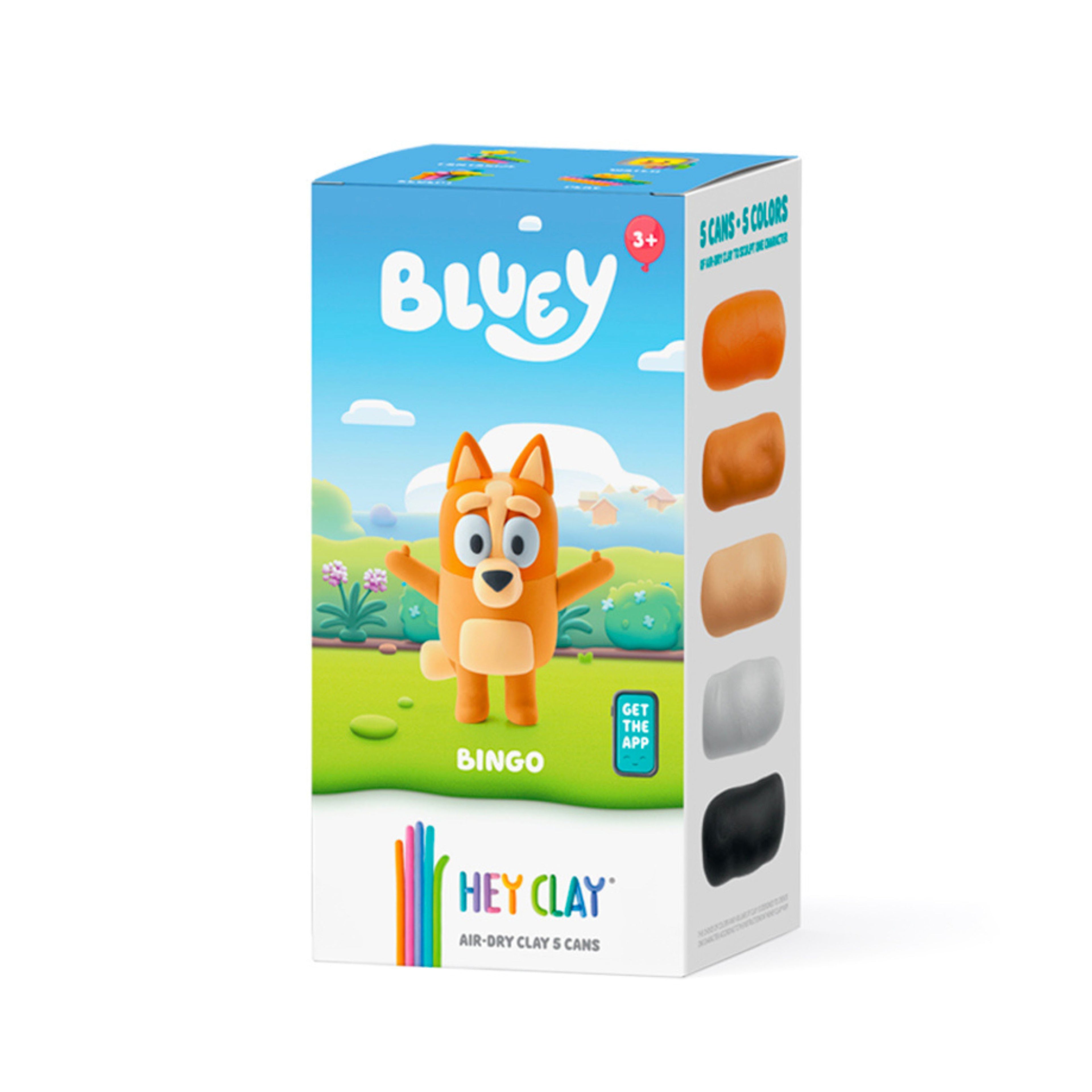 Caixa do conjunto HEY CLAY de pasta de modelar para criar a personagem Bingo da série Bluey, mostrando 5 latas de cores diferentes e a indicação de idade 3+.