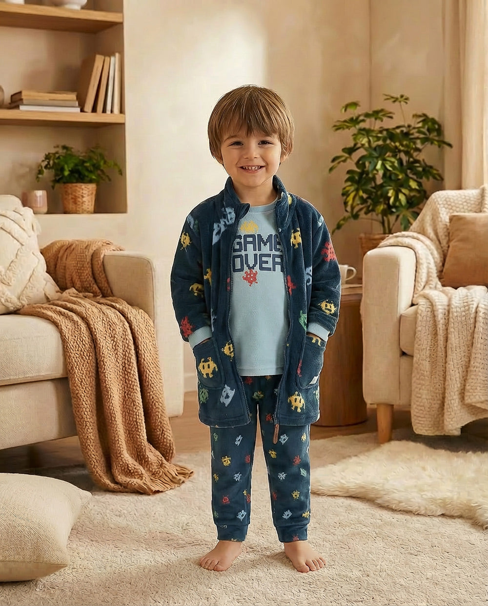 Robe roupão infantil Waterlemon Game Over azul-marinho com estampado de extraterrestres, vista de frente