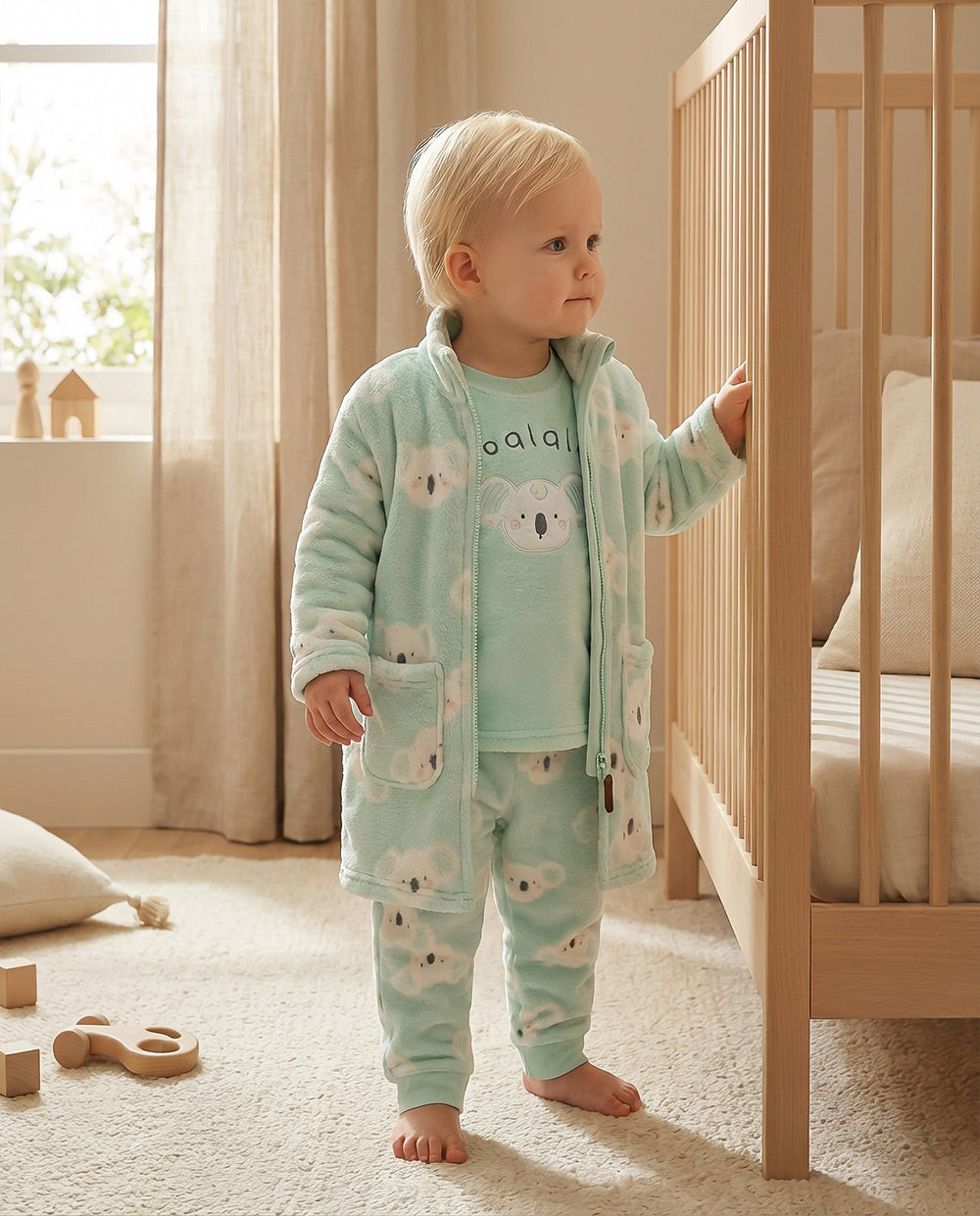 Robe roupão infantil Waterlemon Koalala verde com estampado de coalas, vista de frente