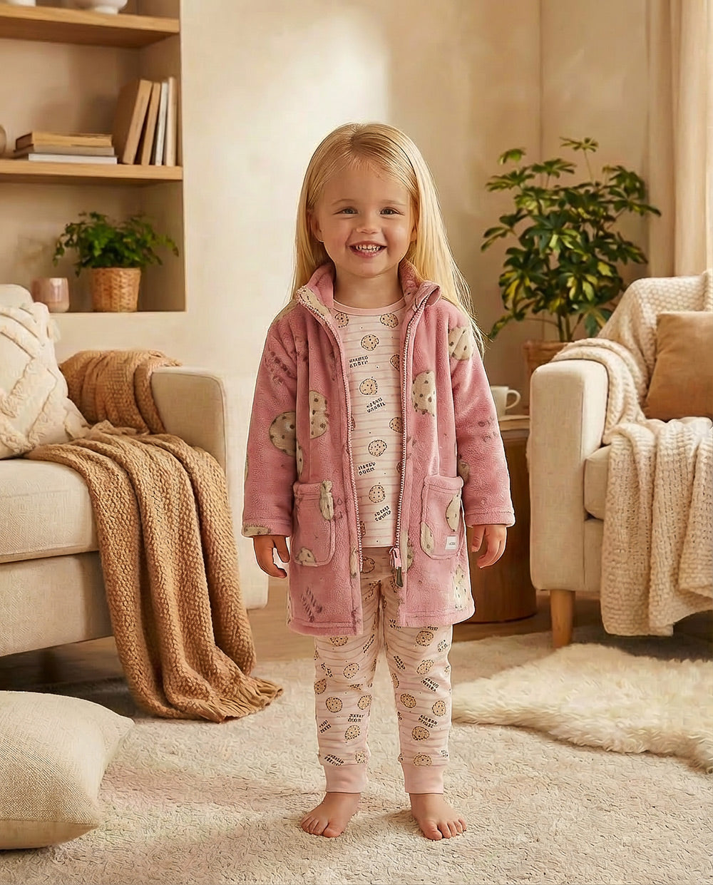 Robe roupão infantil Waterlemon Milk Cookie rosa forte com estampado de bolachas, vista de frente