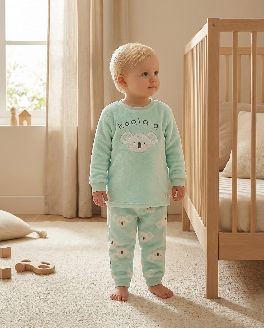 Pijama infantil Waterlemon Koalala verde com coala bordado na camisola e calças estampadas com coalas