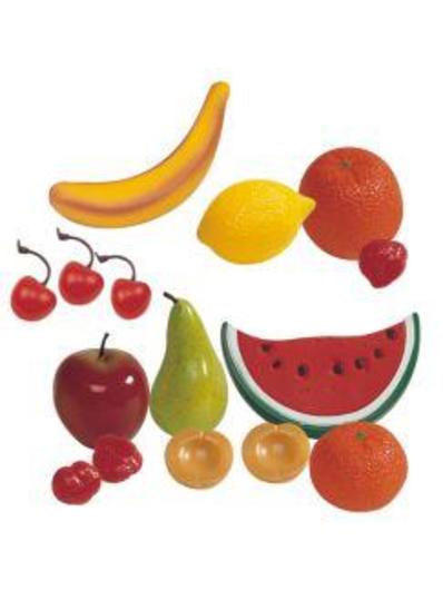 Conjunto Miniland Frutas com 15 peças coloridas de brinquedo, incluindo banana, limão, laranja, maçã, pera, melancia, cerejas e framboesas, dispostas sobre um fundo branco.