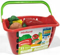 Cesto de legumes Miniland vermelho e verde, contendo vários legumes de brincar, com o logótipo da marca e informações sobre o jogo simbólico.