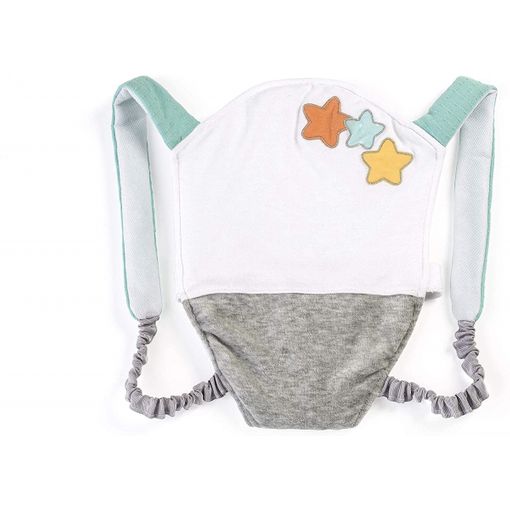 Porta bebés Miniland para bonecas, com design branco e cinzento, alças verdes-água e três estrelas coloridas (laranja, azul-claro, amarelo) na frente.