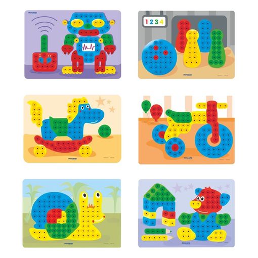 Os 6 cartões-modelo incluídos no jogo Miniland Pegs, mostrando desenhos de um robô, cavalo, trator, caracol, urso e pinos de bowling.