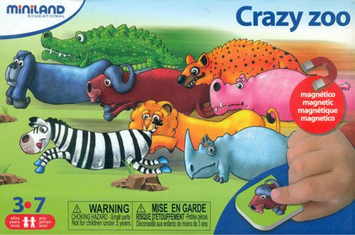 Embalagem do jogo Miniland Magnético - Crazy Zoo, mostrando animais coloridos e peças magnéticas, com indicação de idade 3-7 anos.
