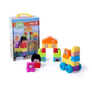 Conjunto Miniland Super Blocks Veterinário com 20 peças, mostrando a caixa, figuras de animais e personagens, e uma construção colorida com rodas.