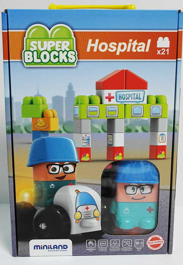 Embalagem do conjunto Miniland Super Blocks Hospital, mostrando o conteúdo e informações do produto.