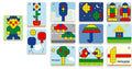 Doze lâminas com modelos de mosaicos Miniland SuperPegs, exibindo diversos desenhos coloridos para crianças.