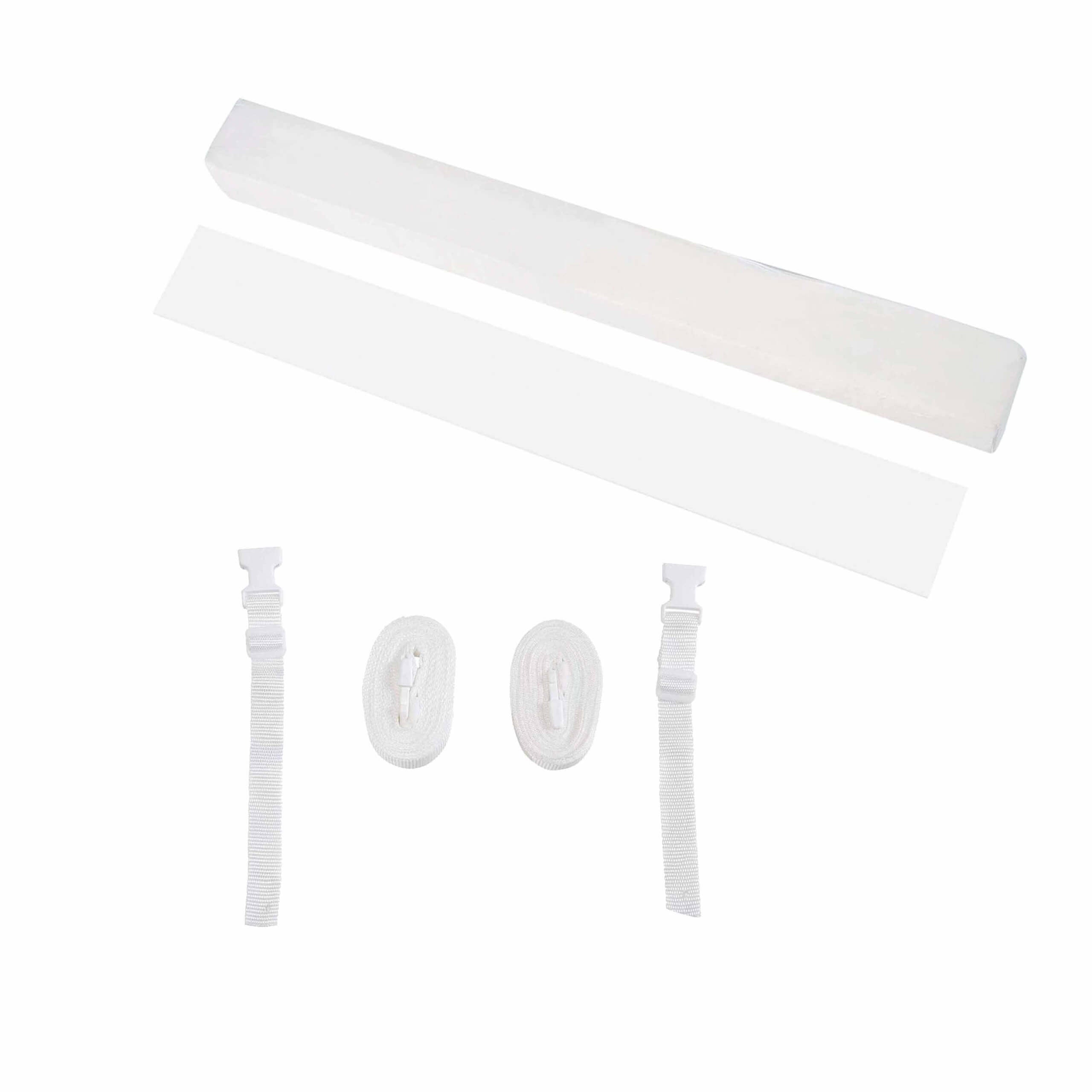 Componentes do Micuna Kit Co-sleeping: tabuleiro ponte, colchoneta estofada e fitas de fixação com travões.