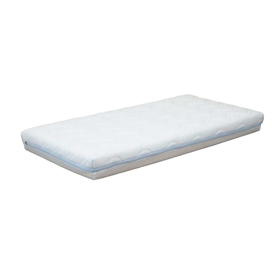 Bebé deitado confortavelmente no colchão Micuna premium HR Perfilado amarelo, mostrando o design ergonómico e a textura perfilada.