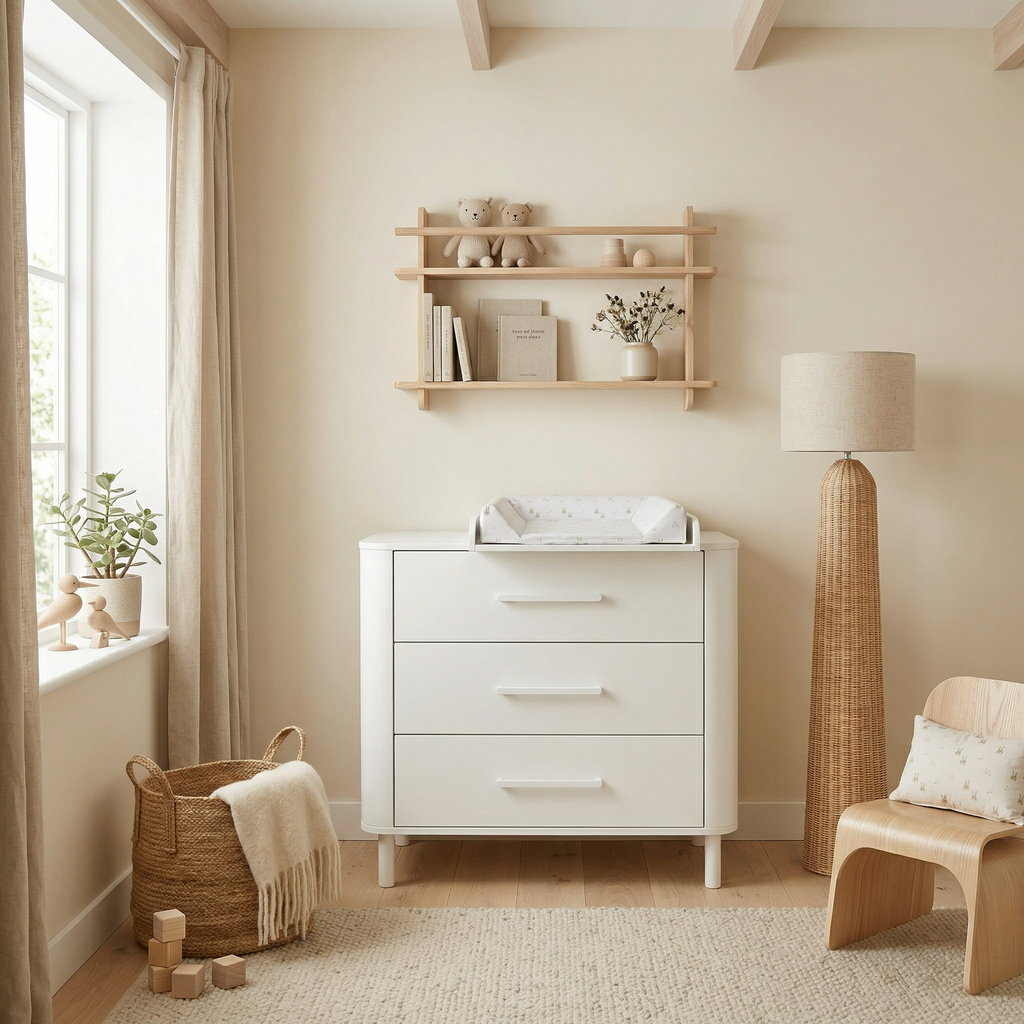 Cómoda Micuna Curve CO-2026 em branco num quarto de bebé com candeeiro de pé e cadeira, fotografia oficial.