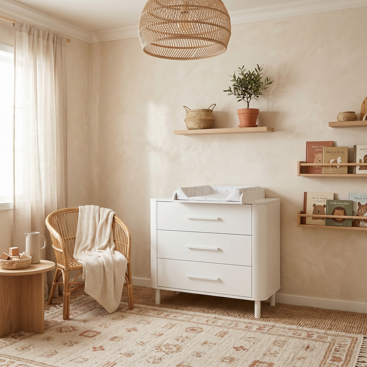 Cómoda Micuna Curve CO-2026 em branco num quarto de bebé com cadeira de verga, fotografia oficial da Micuna.