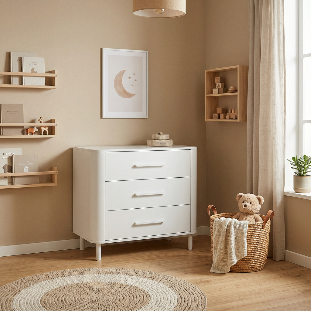 Cómoda Micuna Curve CO-2026 em branco num quarto de bebé com cesto e peluche, fotografia oficial da Micuna.