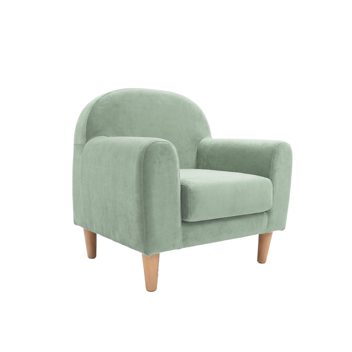 Sofá infantil Micuna Mini com tapizado Verde Mint e pés em madeira, fundo branco