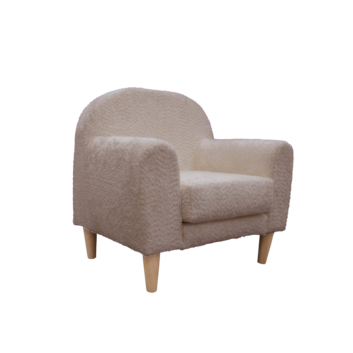 Sofá infantil Micuna Mini com tapizado Borreguito Taupé e pés em madeira, fundo branco