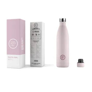 Conjunto Garrafa Térmica Cool Bottles Pastel Pink 750ml com embalagem e tampa extra, ideal para manter a temperatura das bebidas.