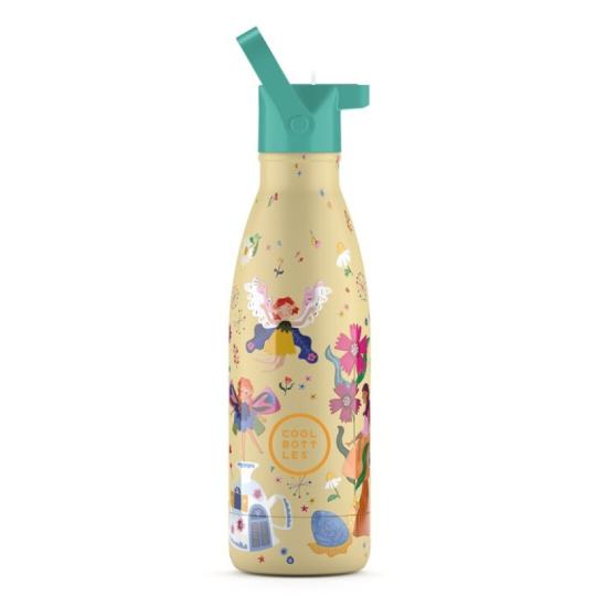 Garrafa Térmica Cool Bottles - Magical Fairies 350ml com a tampa de palhinha turquesa aberta, revelando a pega e o bocal, sobre fundo branco.