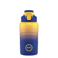 Garrafa térmica Cool Bottles Sport Paris, azul e dourada, com tampa Fitness amarela e azul, vista frontal.