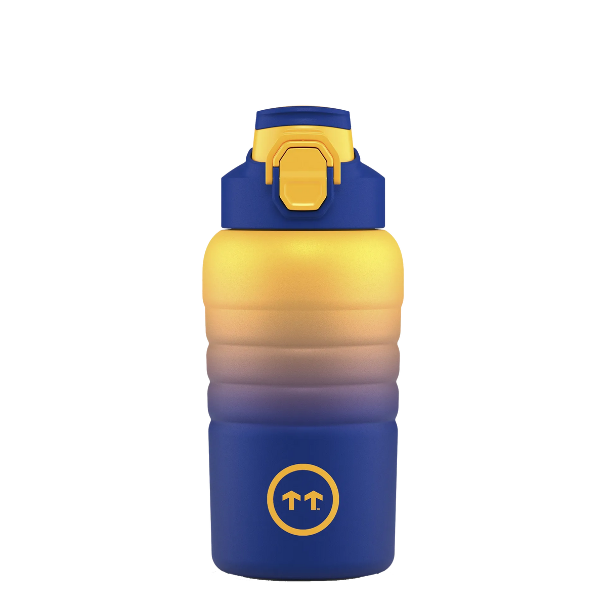 Garrafa térmica Cool Bottles Sport Paris, azul e dourada, com tampa Fitness amarela e azul, vista frontal.