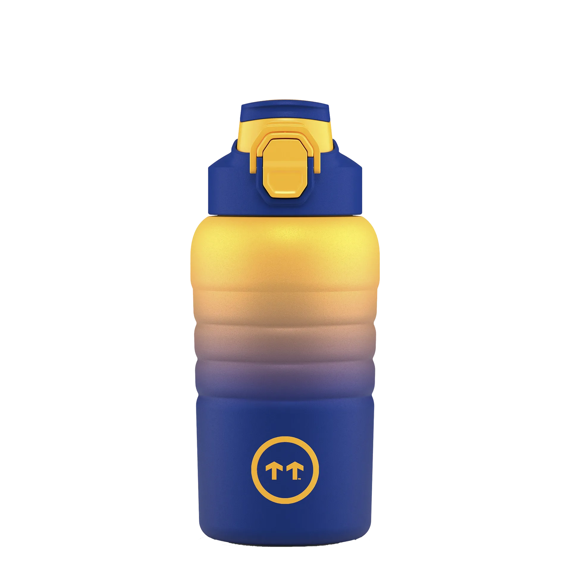 Garrafa térmica Cool Bottles Sport Paris, azul e dourada, com tampa Fitness amarela e azul, vista frontal.