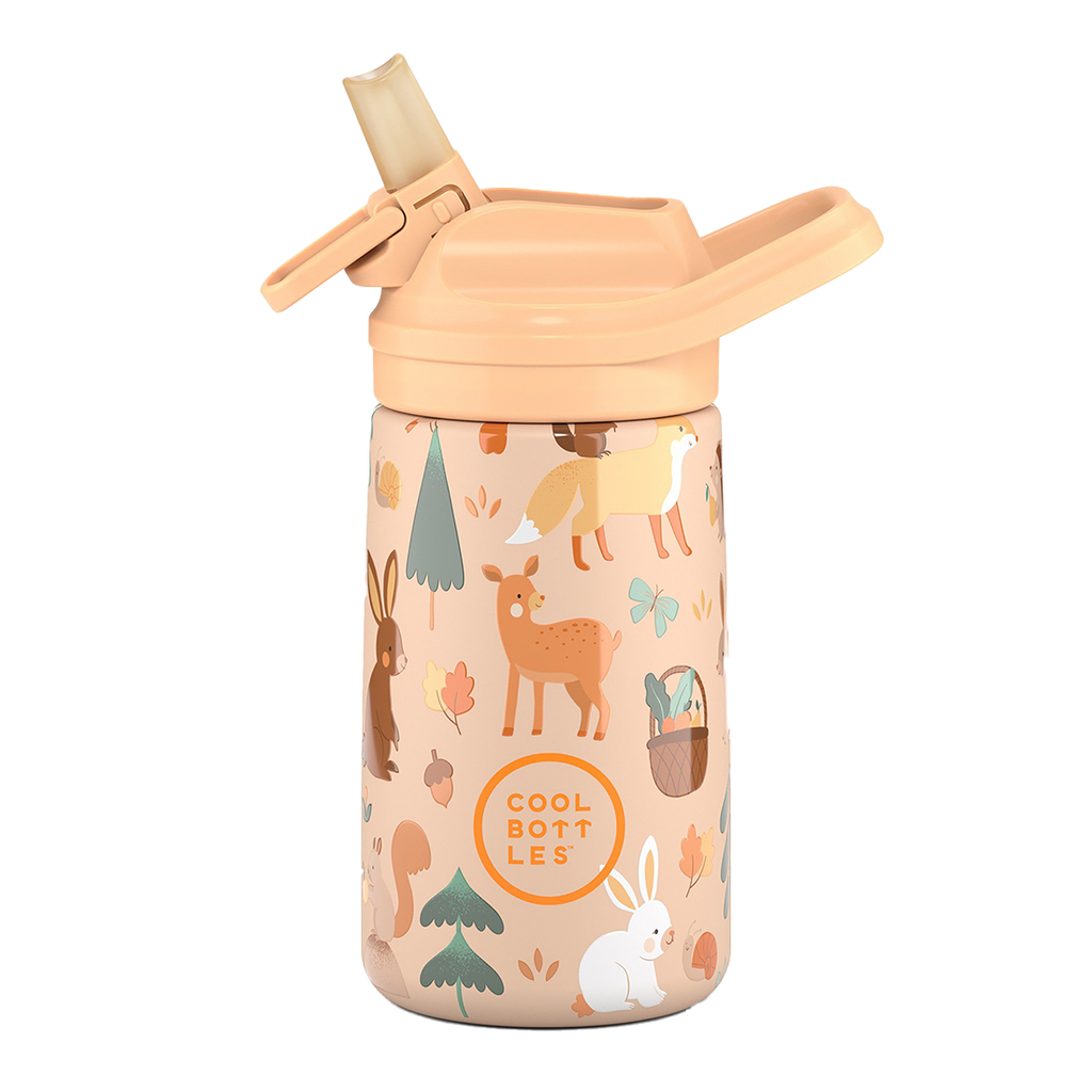 Garrafa Térmica Cool Bottles Woodland Buddies 350ml com design de floresta e animais, tampa de palhinha cor pêssego, vista frontal.