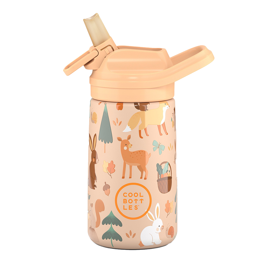 Garrafa Térmica Cool Bottles Woodland Buddies 350ml com design de floresta e animais, tampa de palhinha cor pêssego, vista frontal.