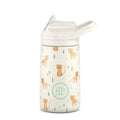 Garrafa Térmica Cool Bottles Whisker Kittens 350ml em fundo branco, mostrando o padrão de gatinhos e árvores, com a tampa de bico e pega.
