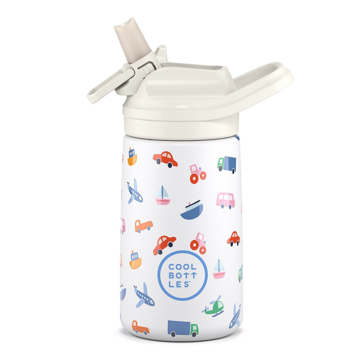 Garrafa térmica Cool Bottles Little Wheels de 350ml, branca com padrão de veículos coloridos, bico de palhinha retrátil e alça, sobre fundo branco.