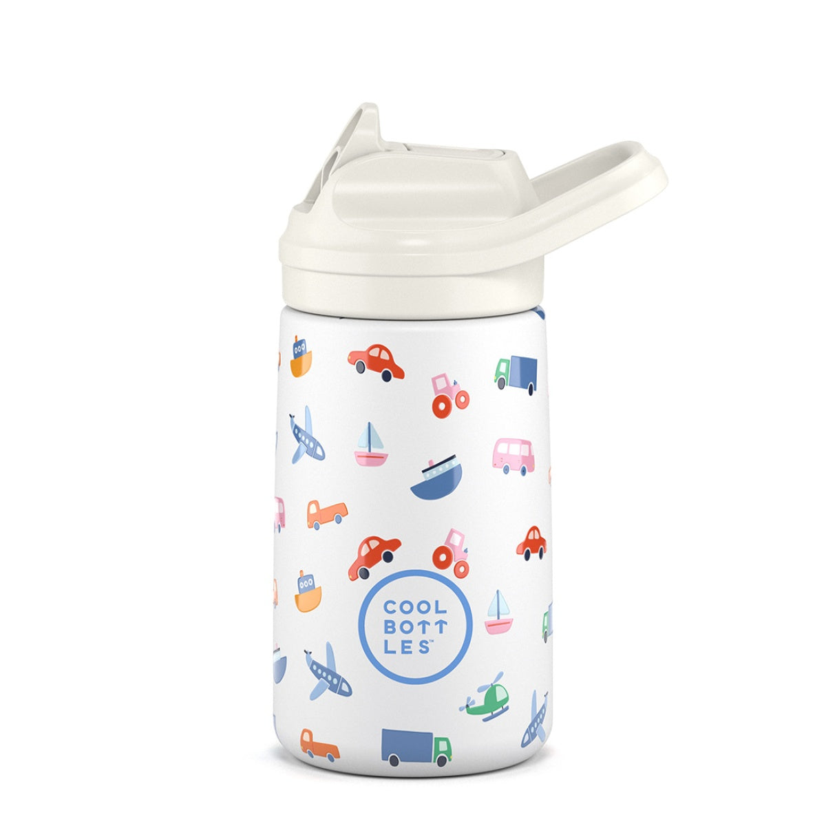 Garrafa térmica Cool Bottles Little Wheels de 350ml, branca com padrão de veículos coloridos, bico de palhinha retrátil e alça, sobre fundo branco.