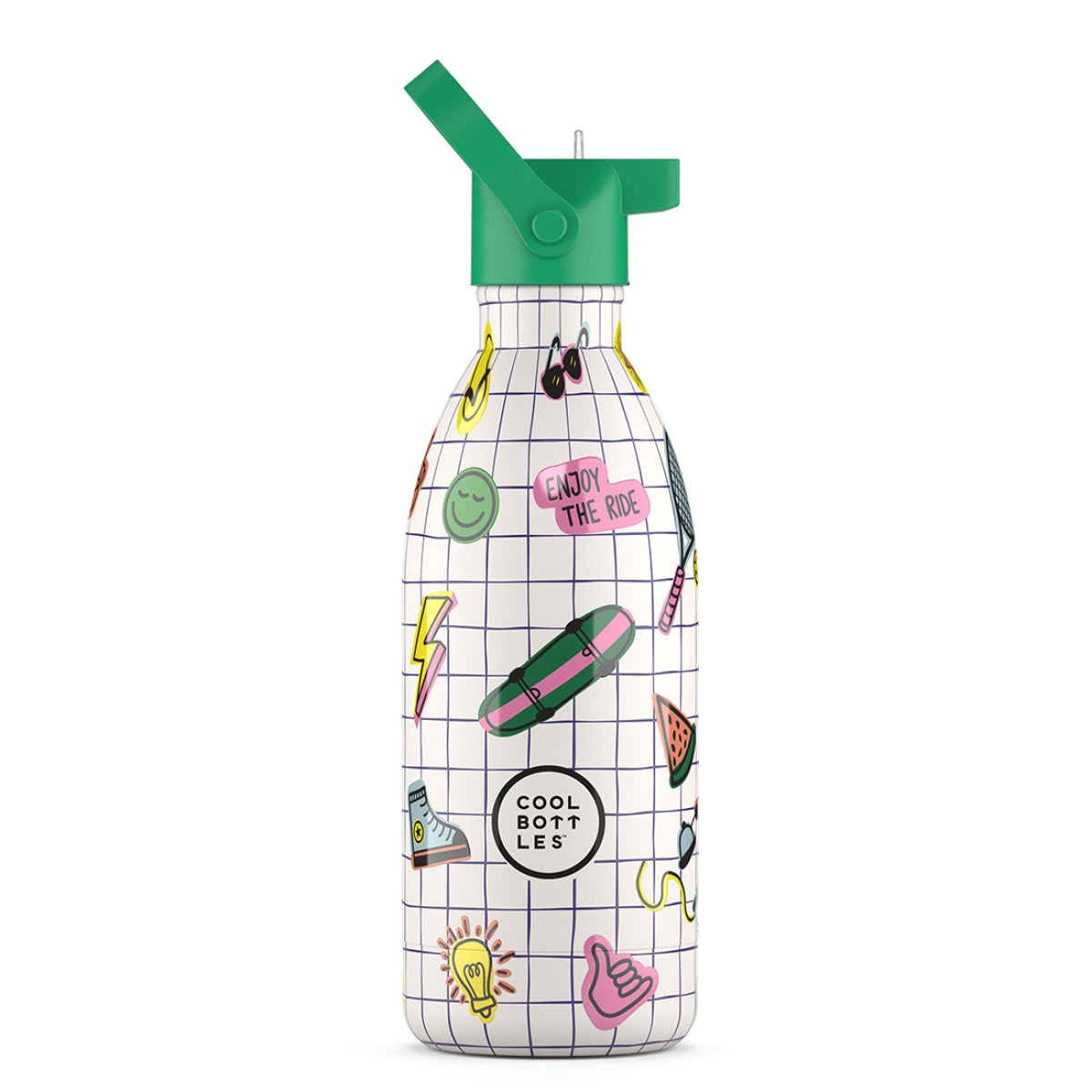 Garrafa Térmica Cool Bottles Play Mode 500ml, com tampa verde, padrão quadriculado branco e ilustrações coloridas de skate, raio, melancia e emojis.