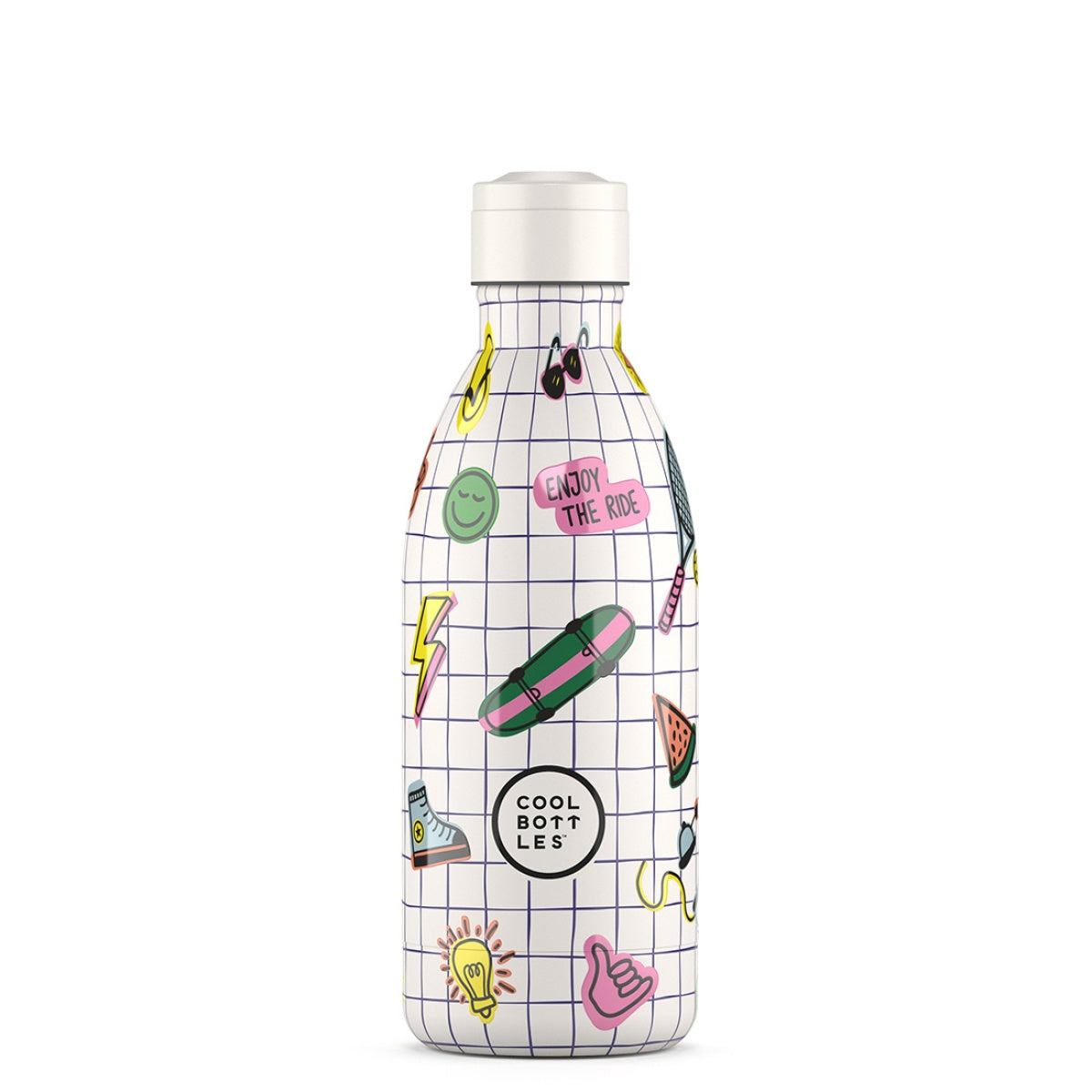 Garrafa Térmica Cool Bottles Play Mode 500ml, com tampa branca, padrão quadriculado branco e ilustrações coloridas de skate, raio, melancia e emojis.