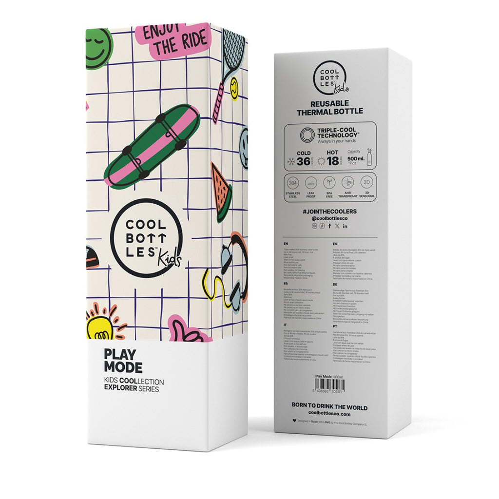 Embalagem da Garrafa Térmica Cool Bottles Kids Play Mode 500ml, mostrando o design frontal e as especificações técnicas no verso em vários idiomas.