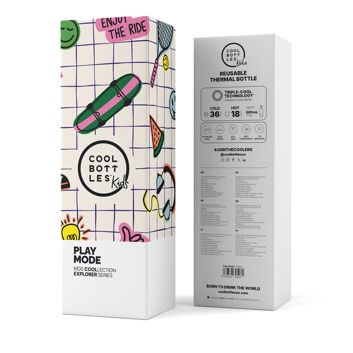 Embalagem da Garrafa Térmica Cool Bottles Kids Play Mode 500ml, mostrando o design frontal e as especificações técnicas no verso em vários idiomas.
