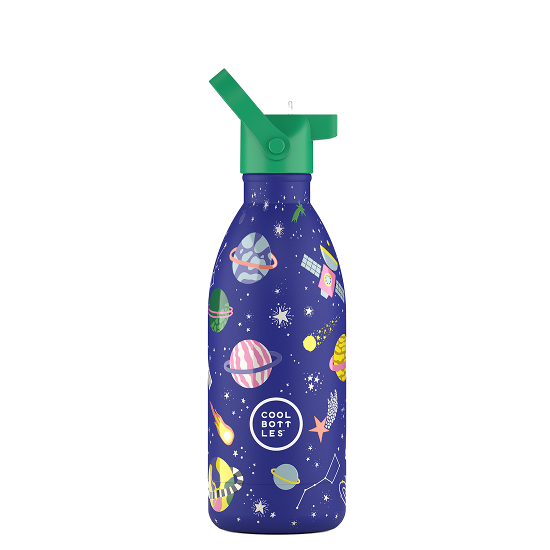Garrafa Térmica Cool Bottles Stellar Journey 500ml azul escura com design espacial e tampa verde com palhinha.