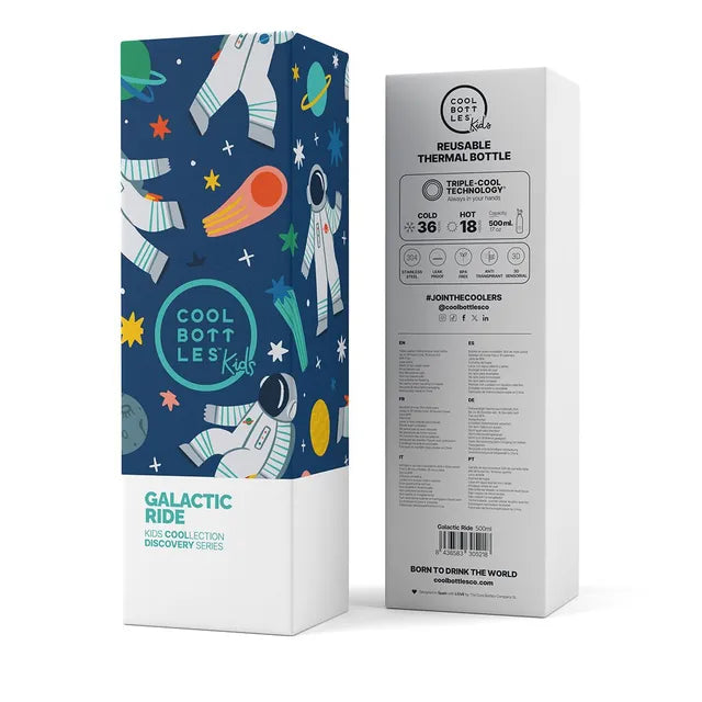 Embalagem da garrafa térmica Cool Bottles Galactic Ride 500ml, mostrando o design espacial e as especificações de temperatura (36h frio, 18h quente) e capacidade.