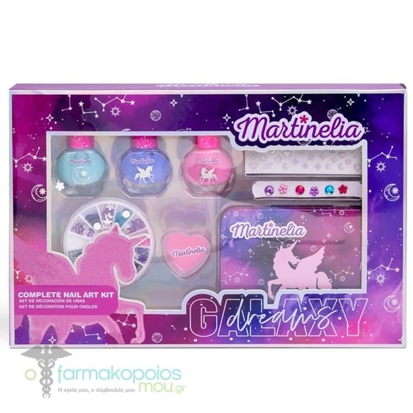 Kit de nail art Martinelia Galaxy Dreams em embalagem de cartão roxa e rosa com tema de unicórnio e galáxia, mostrando vernizes, brilho labial, autocolantes e pedras decorativas.