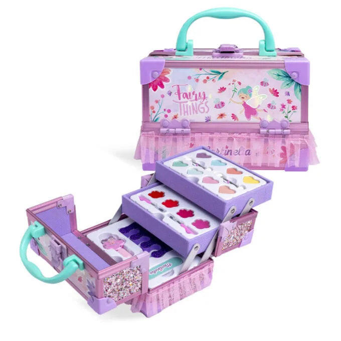 Malinha de maquilhagem infantil Martinelia Fairy Things, em roxo, aberta e fechada, com sombras, brilhos labiais e acessórios.