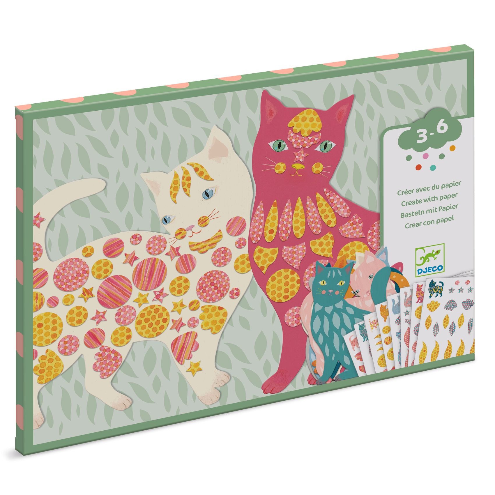 Caixa do kit de colagens Djeco Gatinhos da Elodie, com dois gatinhos grandes decorados e a indicação de idade 3-6.