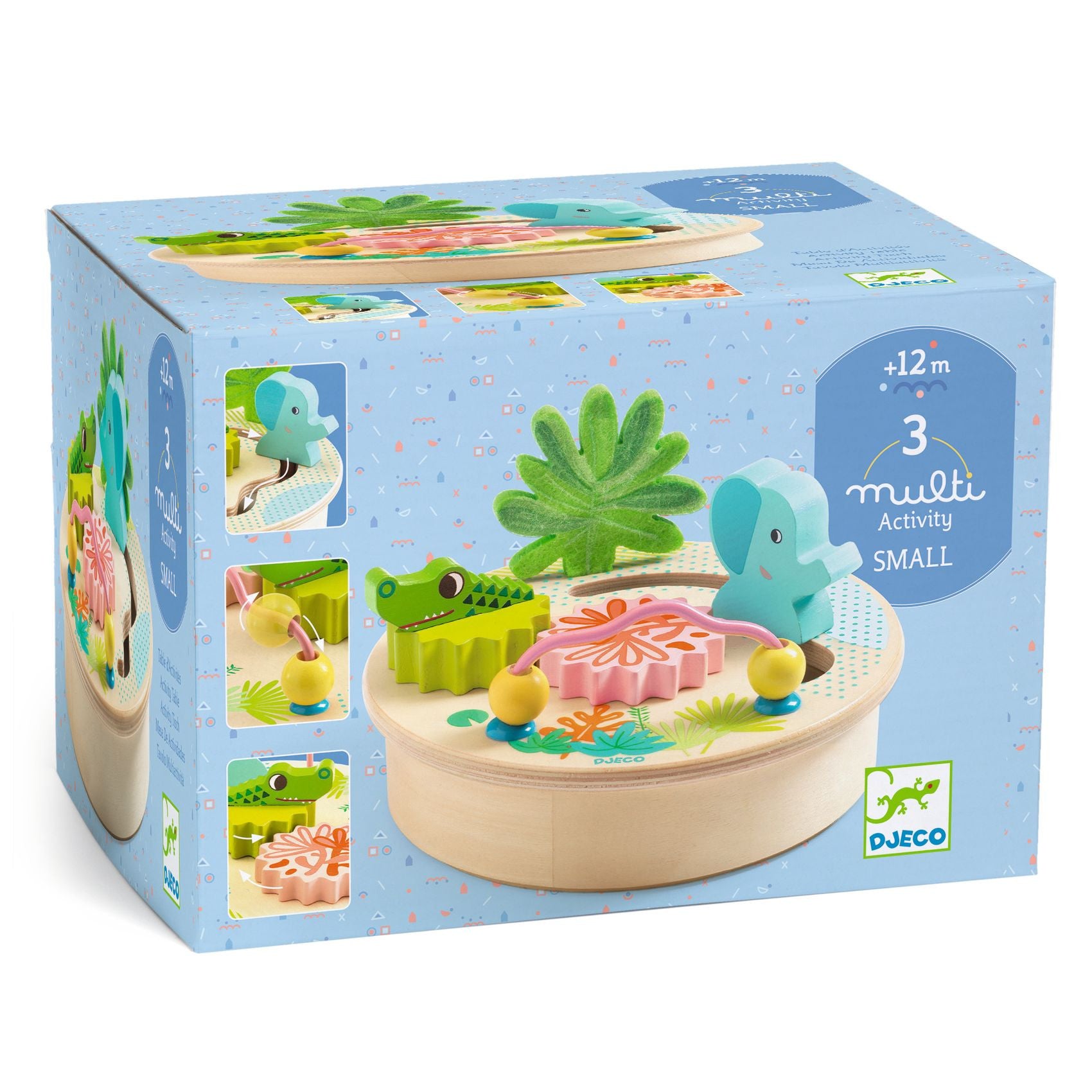 Mesa de atividades Djeco MultiSmall na sua embalagem, mostrando o design de madeira natural com elefante, crocodilo e engrenagens coloridas, e a indicação de idade +12 meses.