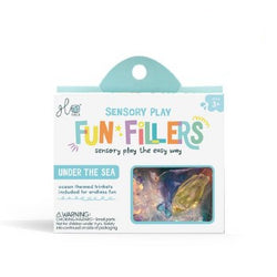 Embalagem das Recargas GloPals Fun Fillers "Under the Sea", com pequenos objetos temáticos do oceano para brincadeira sensorial.