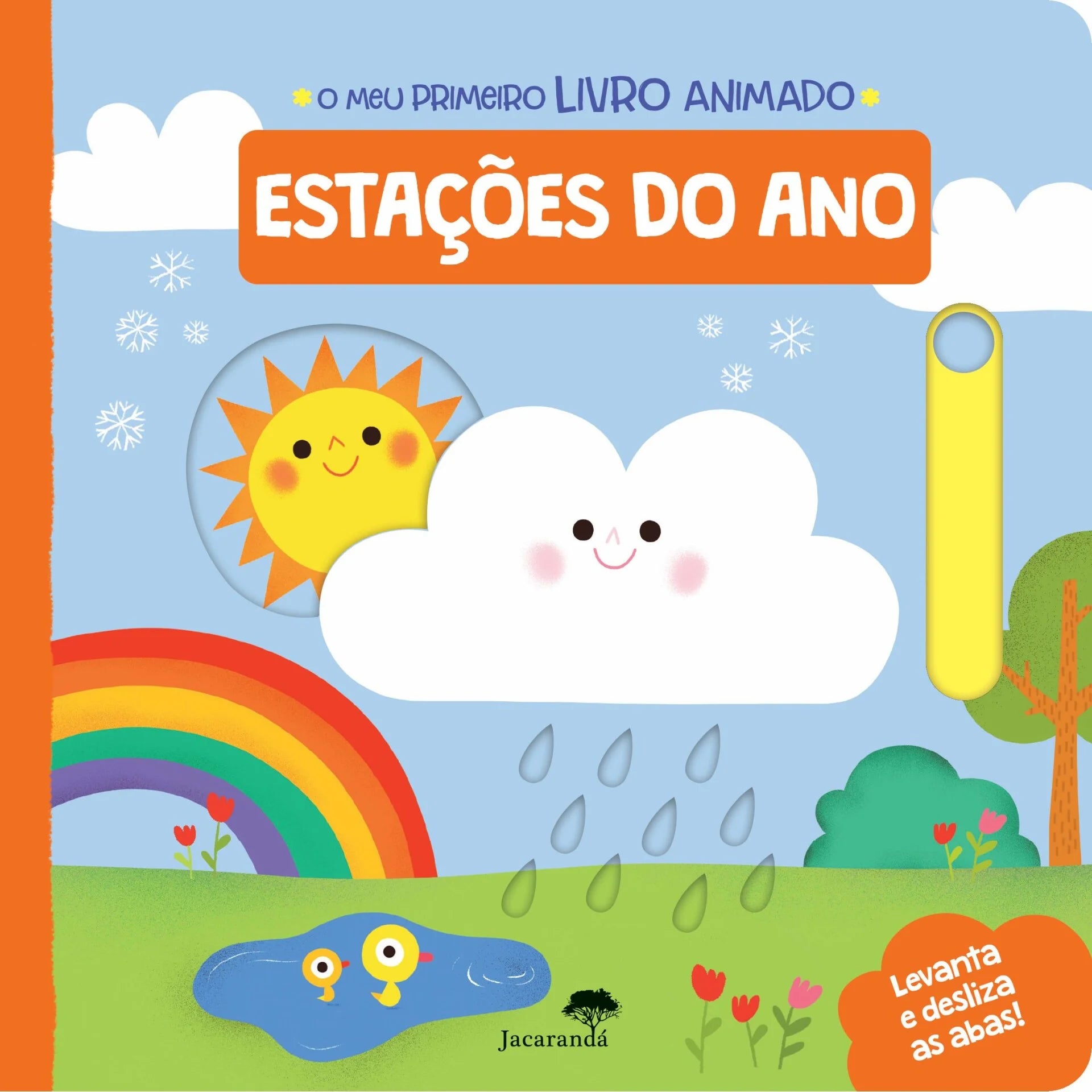 Capa do livro infantil 'Estações do Ano - O Meu Primeiro Livro Animado', com ilustrações coloridas de um sol, nuvem e arco-íris, ideal para bebés.