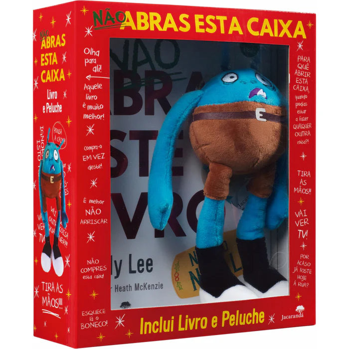 Caixa de presente vermelha do livro 'Não abras esta caixa' de Andy Lee, que inclui o livro 'Não Abras Este Livro nem no Natal' e um peluche azul de uma personagem monstrinha.